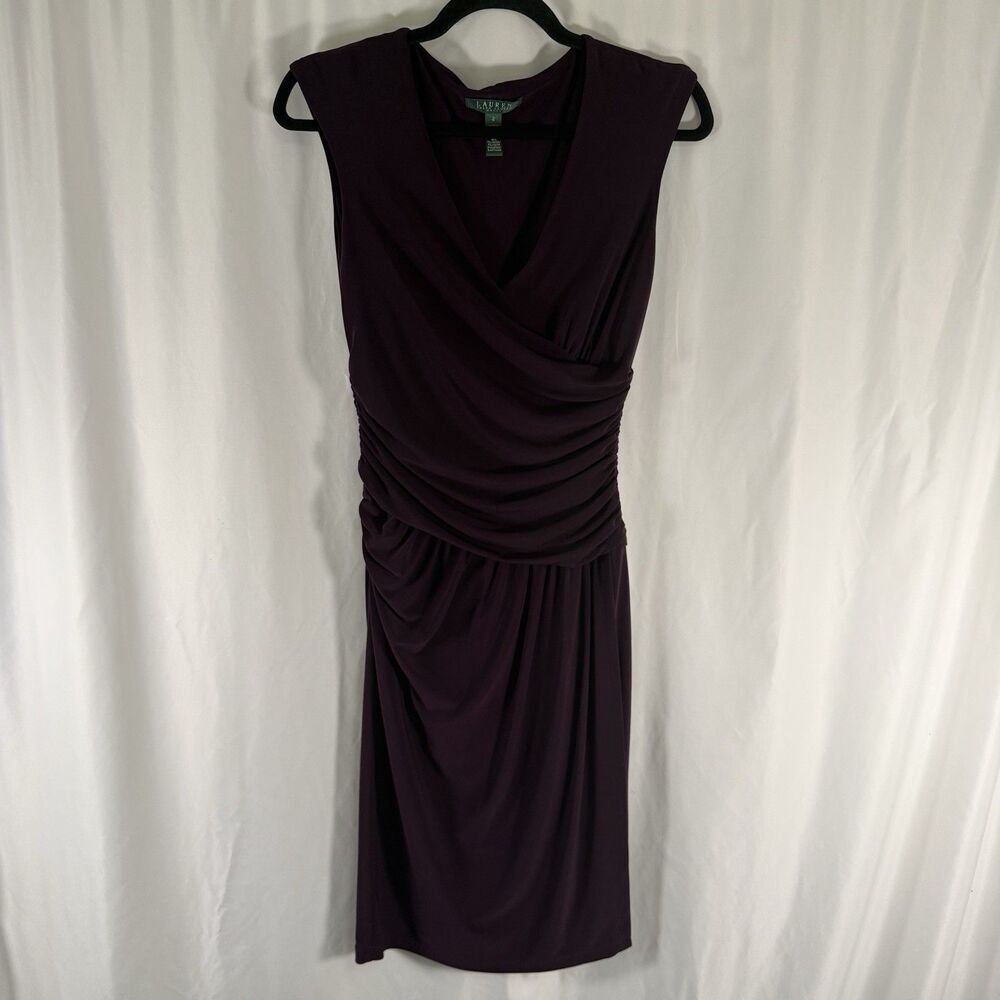 Lauren Ralph Lauren Dress Women's 2 Purple V-Neck Sleeveless Draped Cocktail